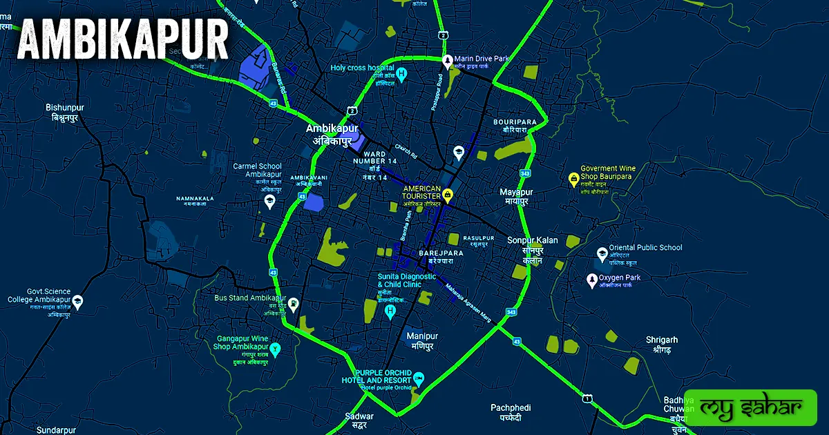Ambikapur political map with its name.